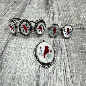 Vintage Zuni Cardinal Inlay Jewelry Set Bracelet Pendant Rings Sterling Silver